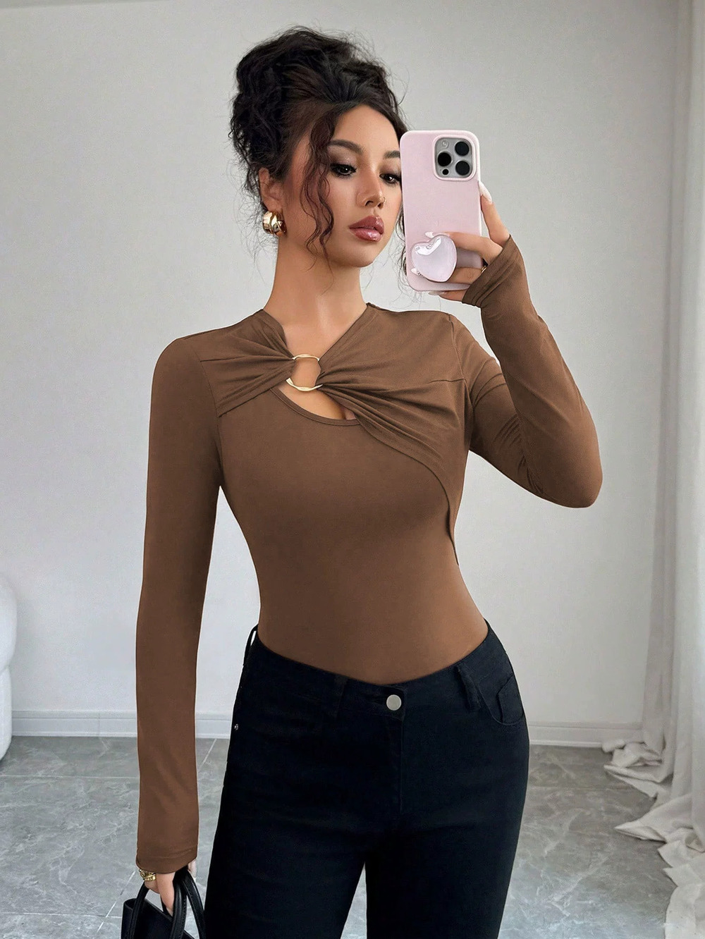 ZARA Solid Cutout Long Sleeve Regular Shoulder Slim Fit Layering Tee
